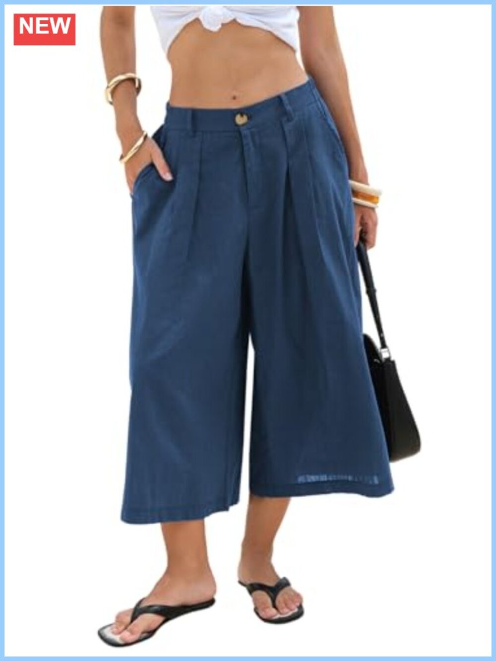 Linen Blend Womens Capri Pants Wide Leg Palazzo with Pockets High Waist